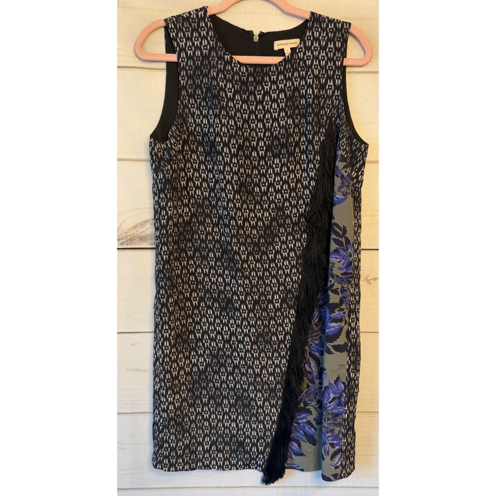 Rebecca Taylor Silk Fringe Ikat Floral Shift Dress Black Blue 6 315945D377